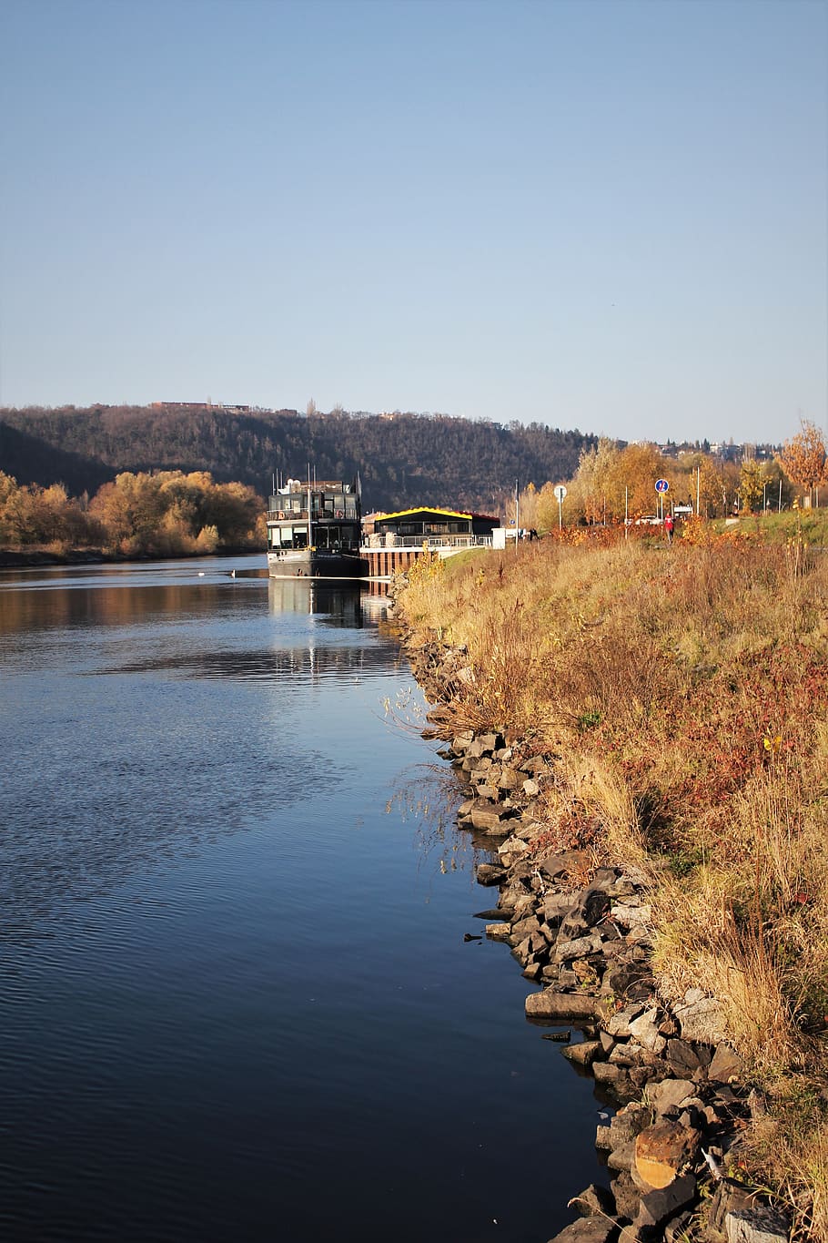 sun, fall, river, water, sky, plant, nature, tree, built structure HD wallpaper