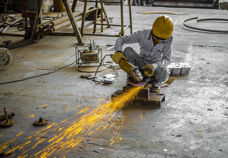 man using angle grinder, handrail, banister, work, industry, employee HD wallpaper