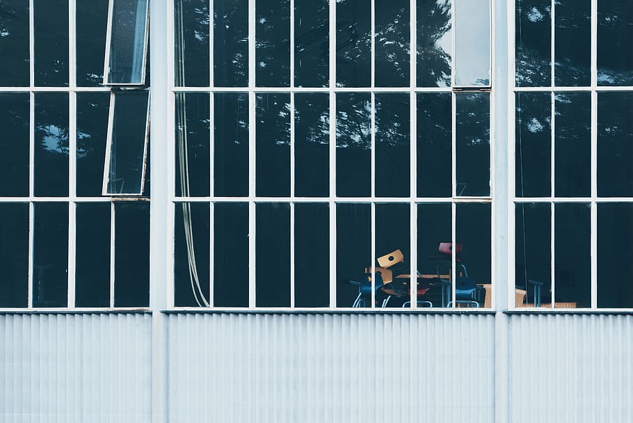 windows, buildings, chairs, white, stacks, one person, architecture HD wallpaper
