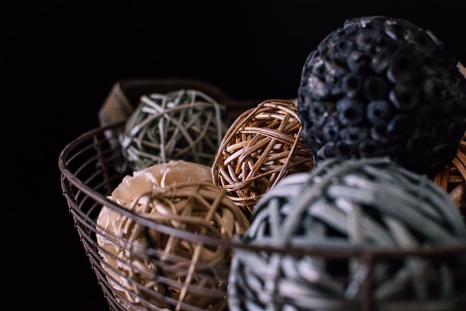 Brown and Gray Vine Balls on Brown Metal Rack, basket, color HD wallpaper