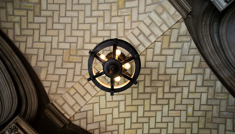 ceiling, brick, tiles, patterns, chandelier, light, lighting equipment HD wallpaper