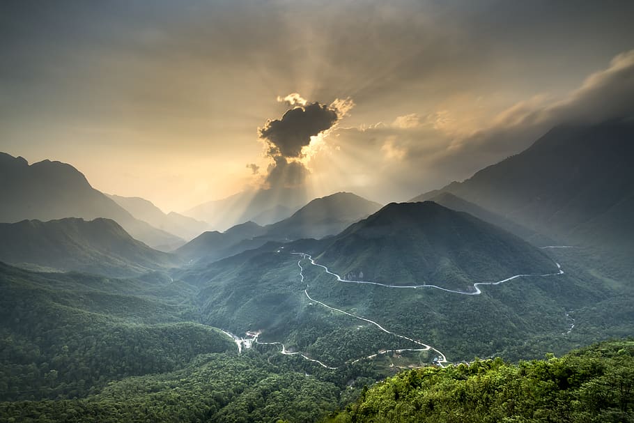 Mountain Covered With Tree during Golden Hour, clouds, cloudy HD wallpaper
