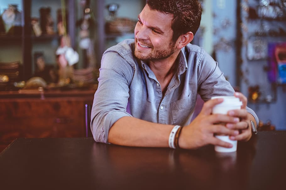 people, man, coffee, cup, sitting, smile, happy, coffeeshop HD wallpaper