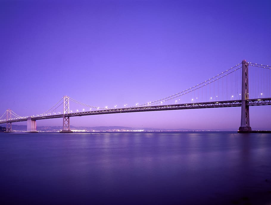 Lighted Golden Gate Bridge, architecture, dawn, ocean, sea, water HD wallpaper