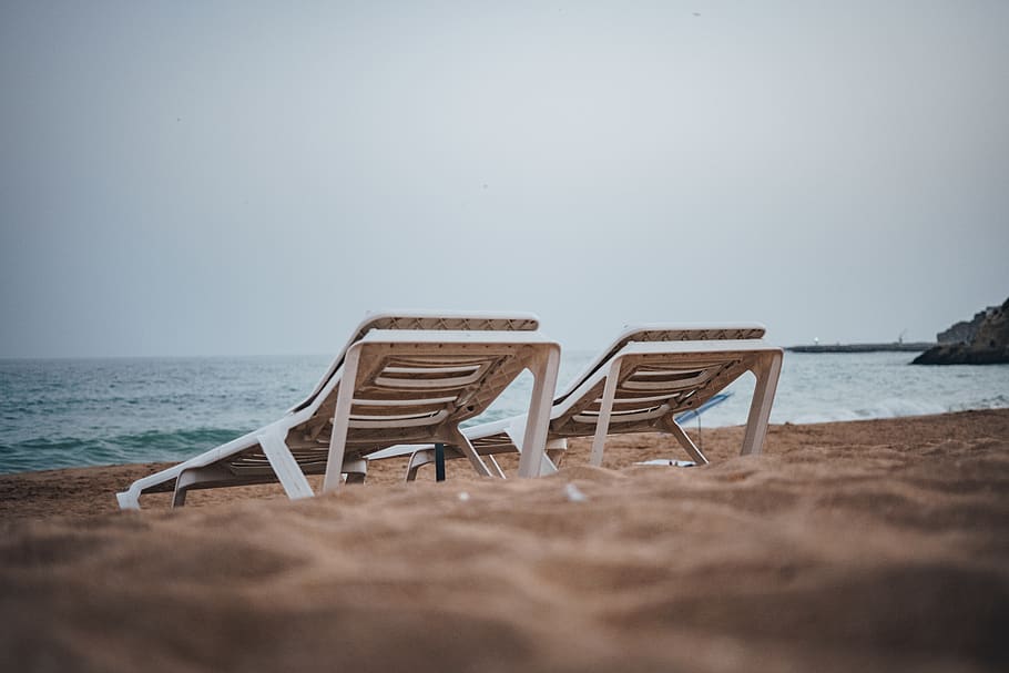 two white plastic docks, chair, furniture, sand, water, ocean HD wallpaper