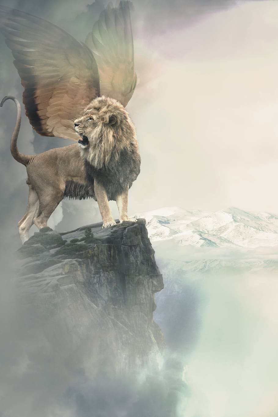 lion, wing, winged lion, mythology, rock, mountains, mythical creatures, HD wallpaper