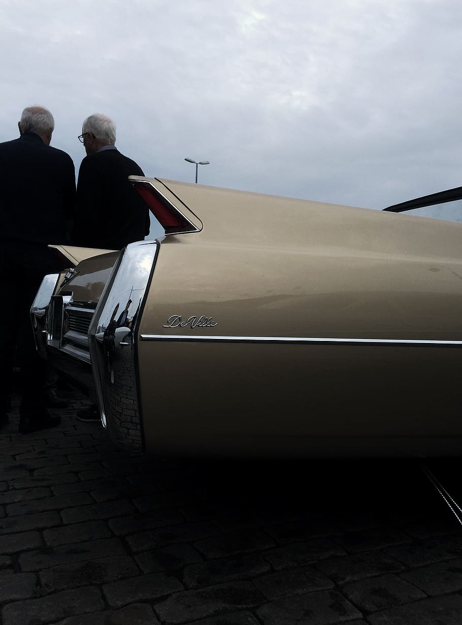 two men beside gold car, mode of transportation, real people HD wallpaper