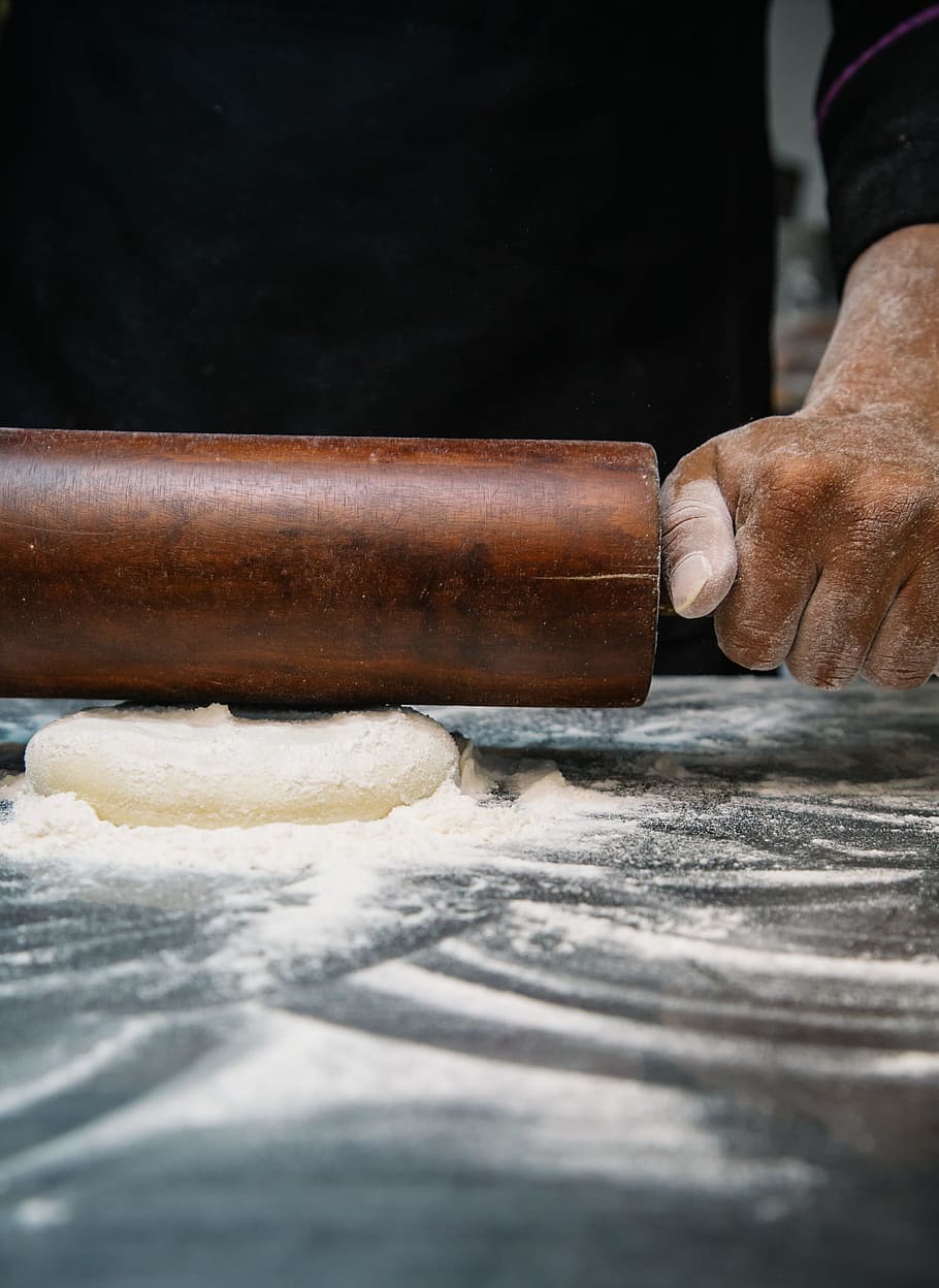 Person Using Brown Wooden Rolling Pin, baked, chef, cook, dough HD wallpaper