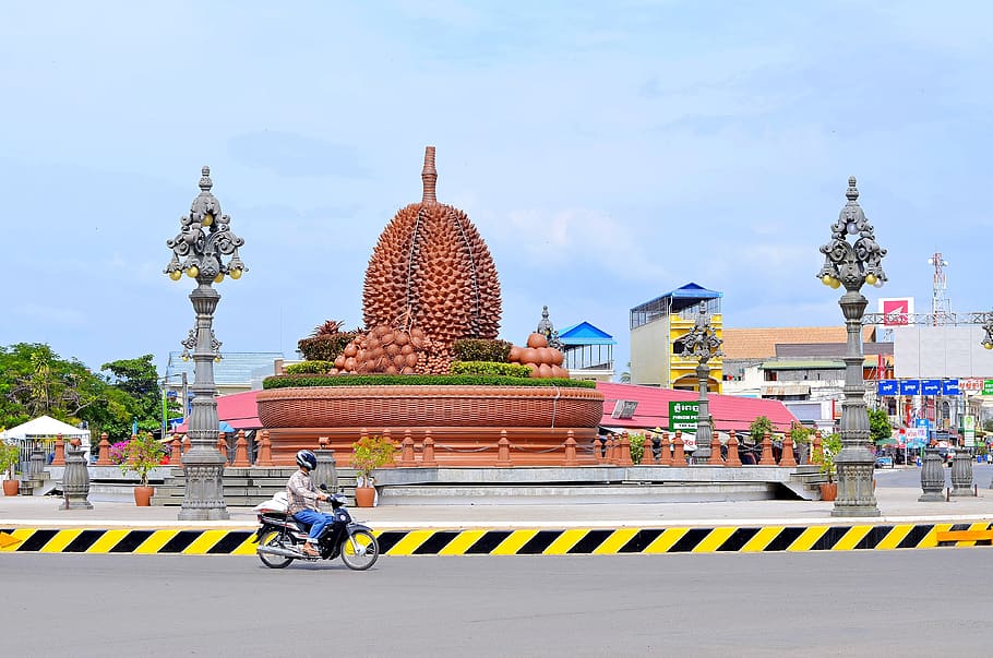 kep, cambodia, city, durian, traffic, motorbike, people, architecture