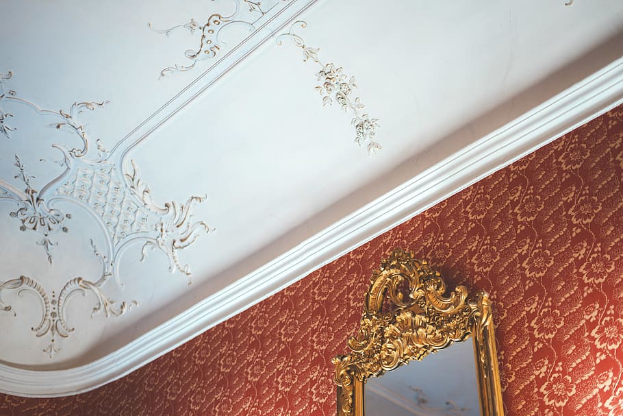 rectangular gold floral framed mirror, lace, indoors, interior design HD wallpaper