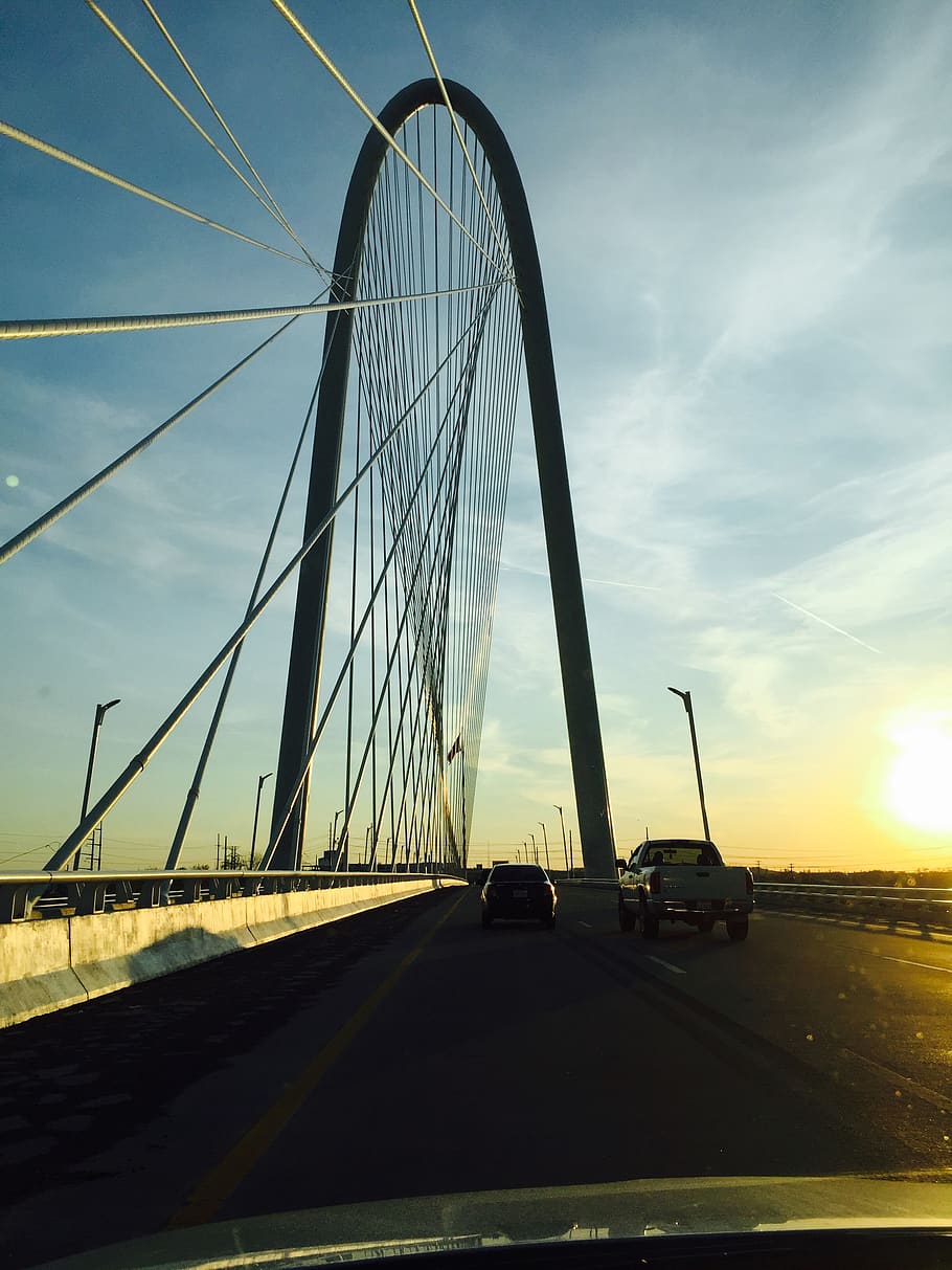 dallas, united states, margaret hunt hill bridge, skyline, sunset, HD wallpaper