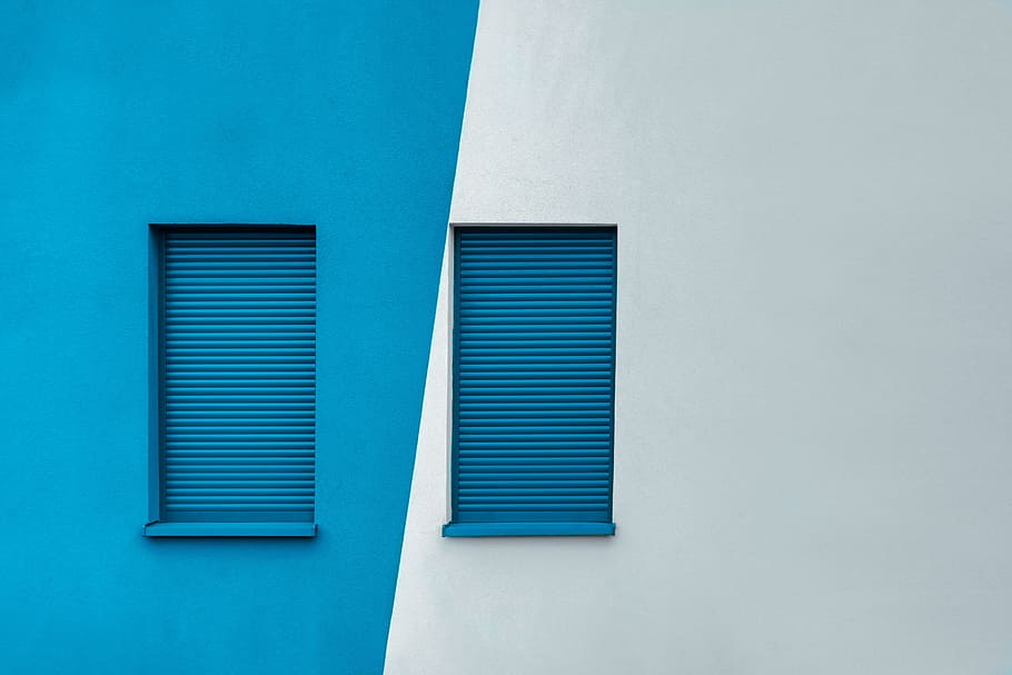 blue wooden window frames, white, shutter, contrast, alternate HD wallpaper