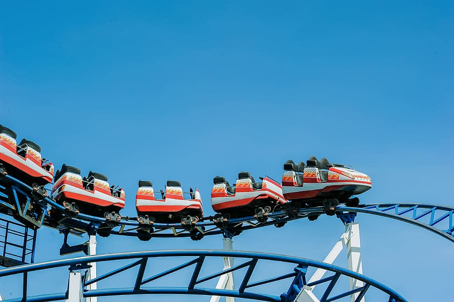 sky, rails, park, high, amusement park, blue sky, carnival, daylight HD wallpaper