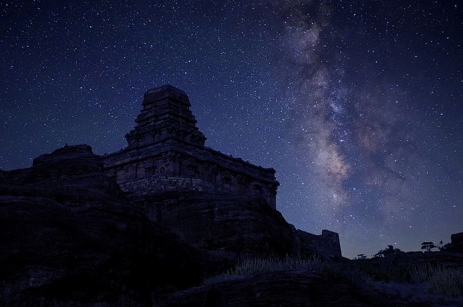 concrete building at night, mountain, silhouette, landscape, travel HD wallpaper