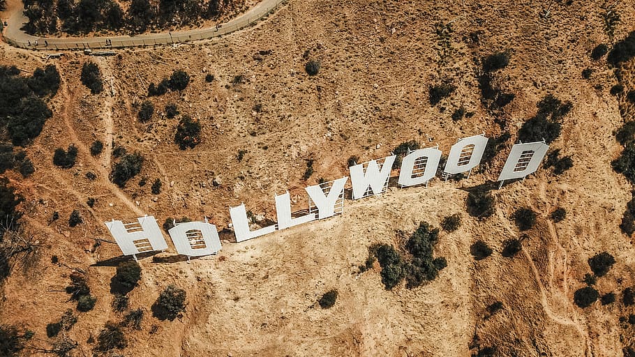 aerial photography of Hollywood sign, desert, tree, drone view