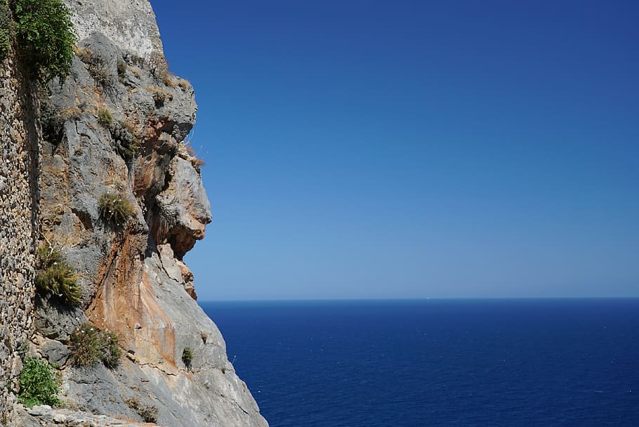 monemvasia, greece, landscape, mountain, sea, rocks, water HD wallpaper