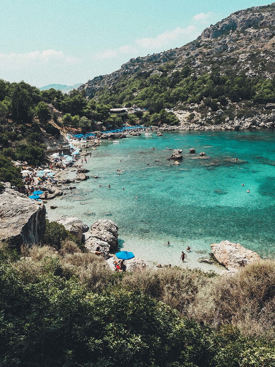 greece, anthony quinn bay, blue water, beach, rhodos, faliraki, HD wallpaper