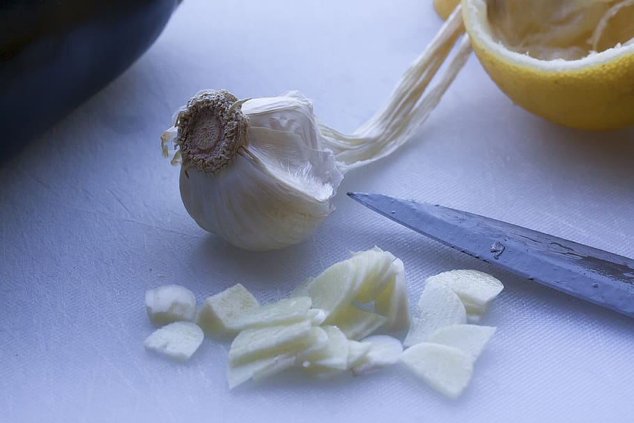 eggplant, lemon, garlic, knife, cutting board, preparation HD wallpaper