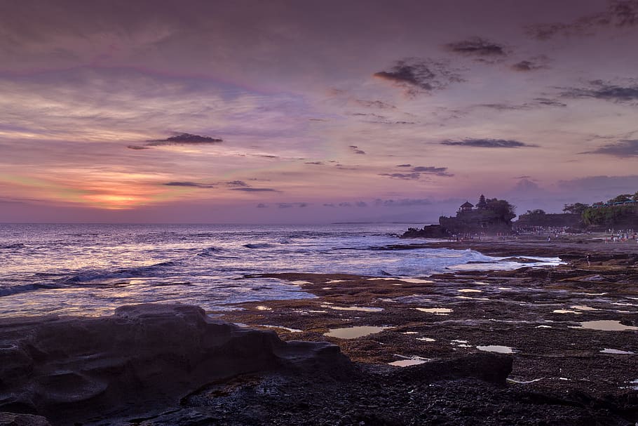 sky, cloud, sunset, view, rocks, coast, sea, ocean, water, nature HD wallpaper