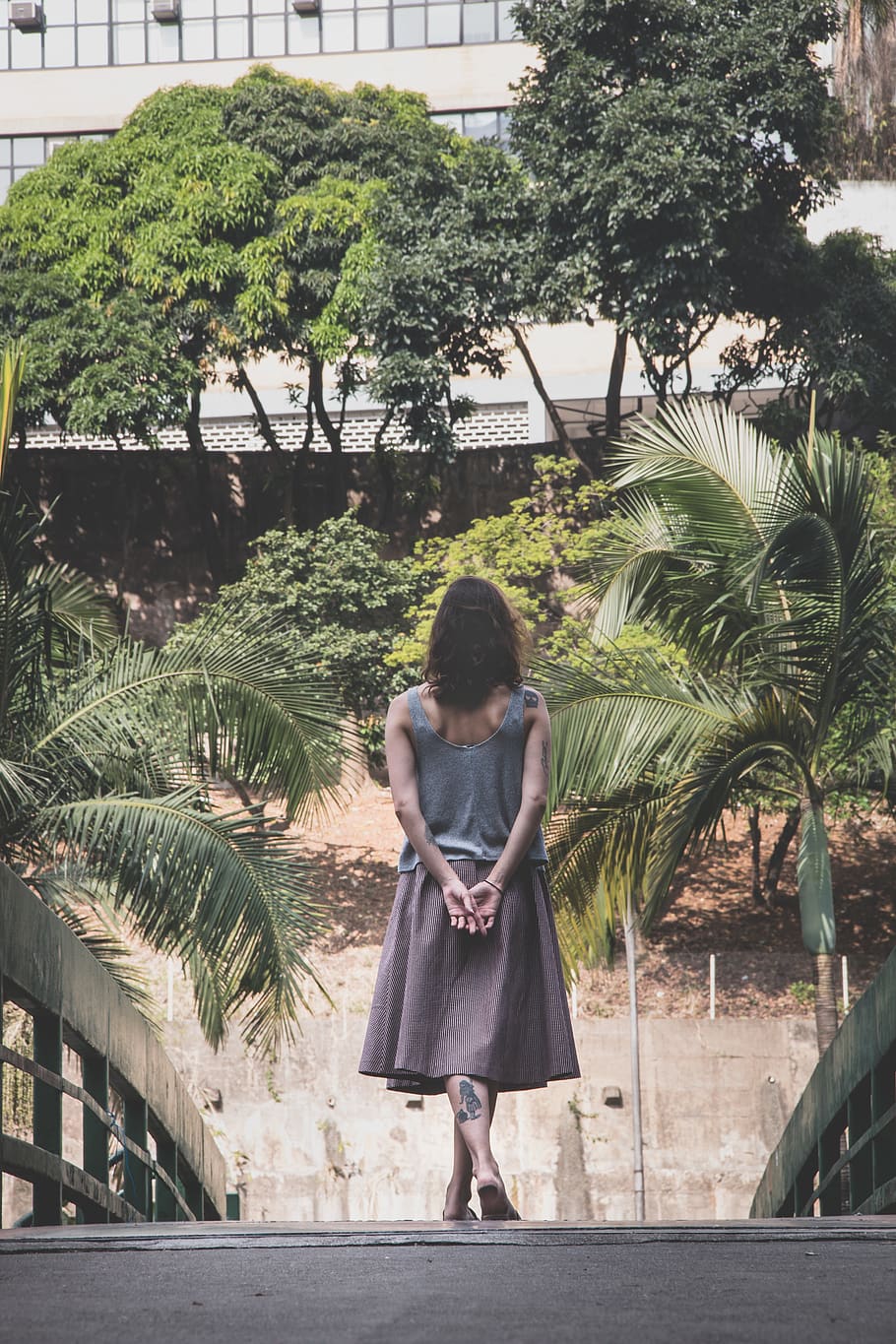Woman Walking on Wooden Bridge, back view, building, environment HD wallpaper