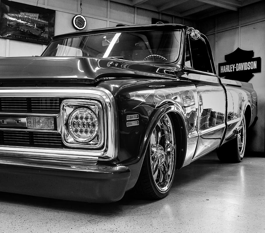 greyscale photography of pickup truck, car, transportation, automobile, HD wallpaper