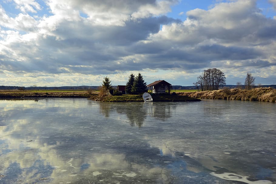 landscape, nature, lake, clouds, winter, ice, frozen, house HD wallpaper