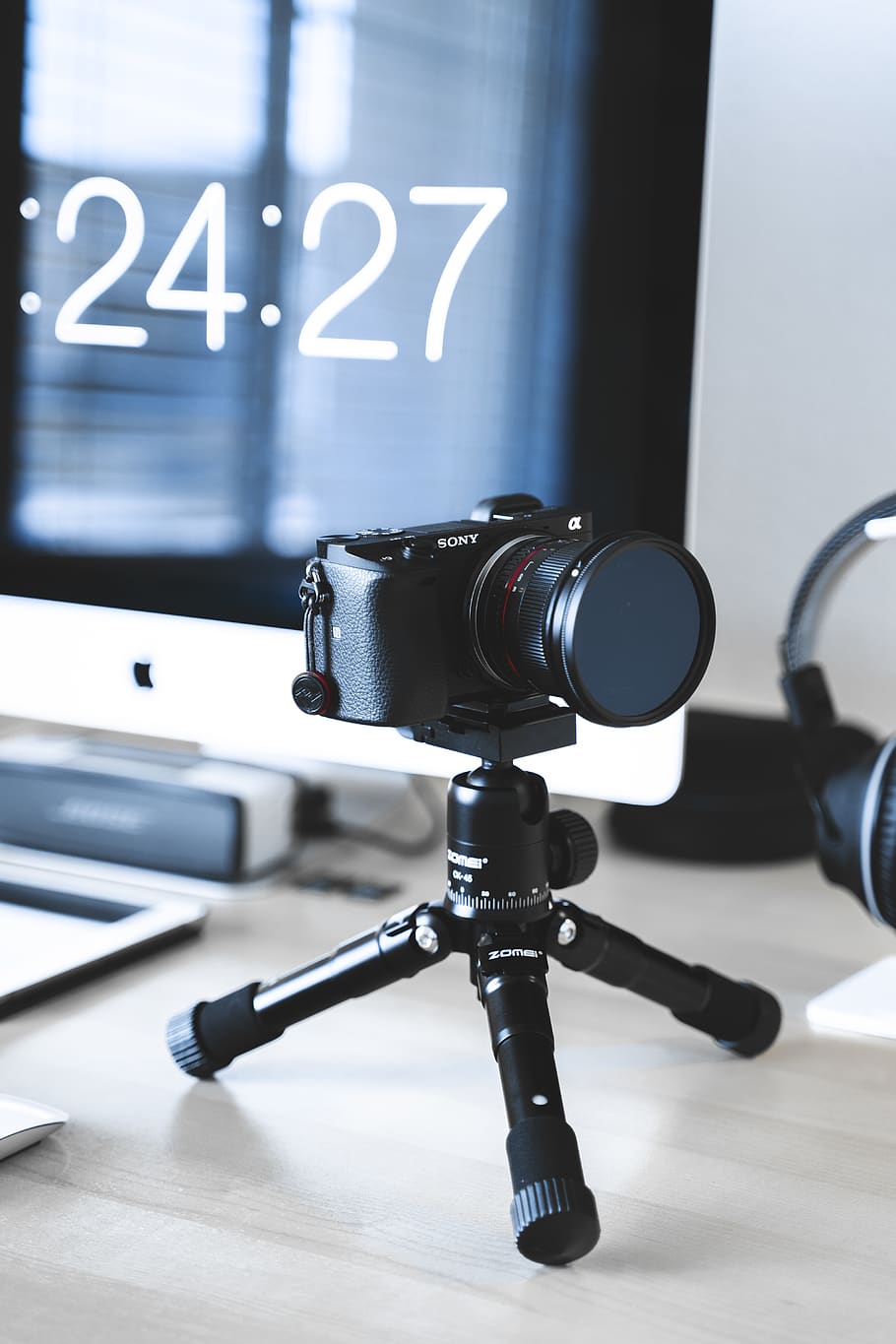 black Sony camera with tripod, electronics, headset, headphones HD wallpaper