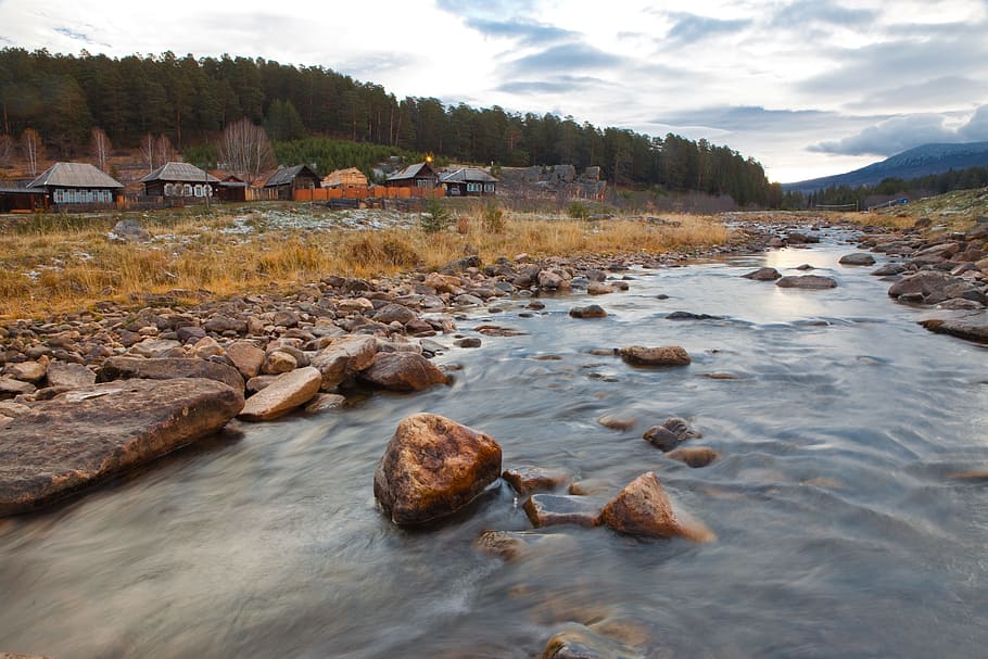 river, stream, landscape, nature, houses, rocks, water, solid HD wallpaper