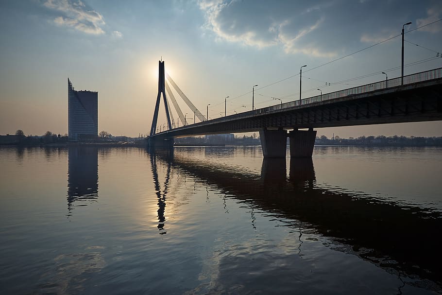 riga, latvia, river, sunset, sky, bridge, built structure, architecture HD wallpaper