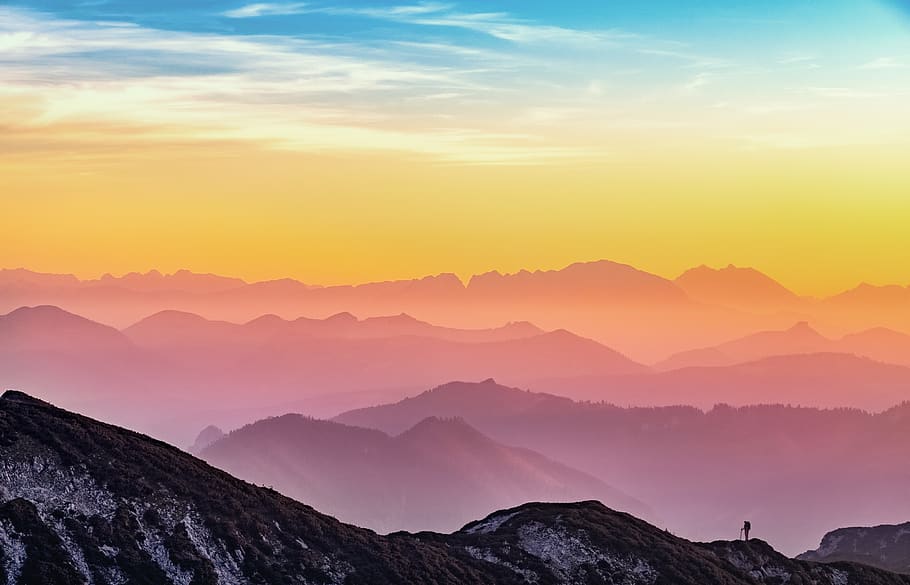 Silhouette Of Mountains, austria, dawn, desktop backgrounds, fog, HD wallpaper