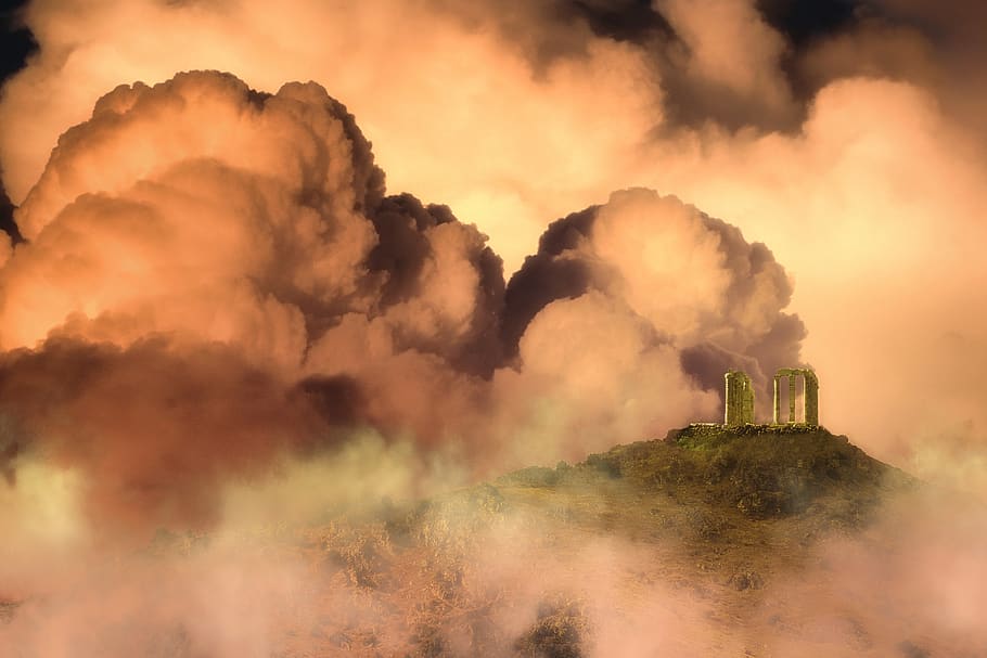 clouds, temple, sky, architecture, landscape, ruin, building HD wallpaper