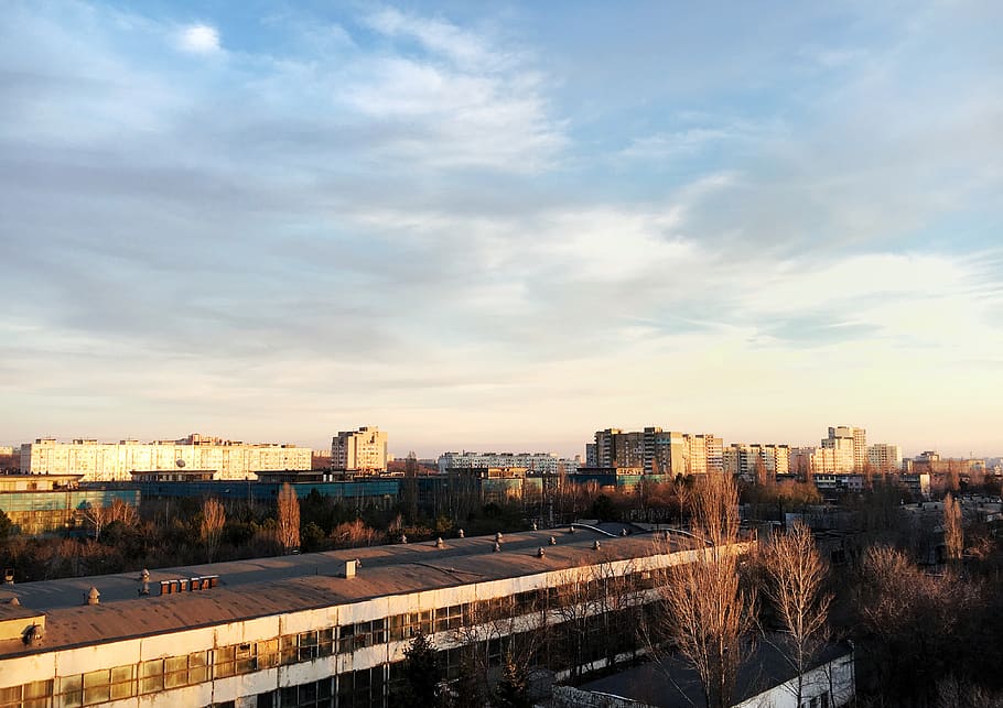 moldova, chisinau, brown, gray, trees, sunny, city, clouds