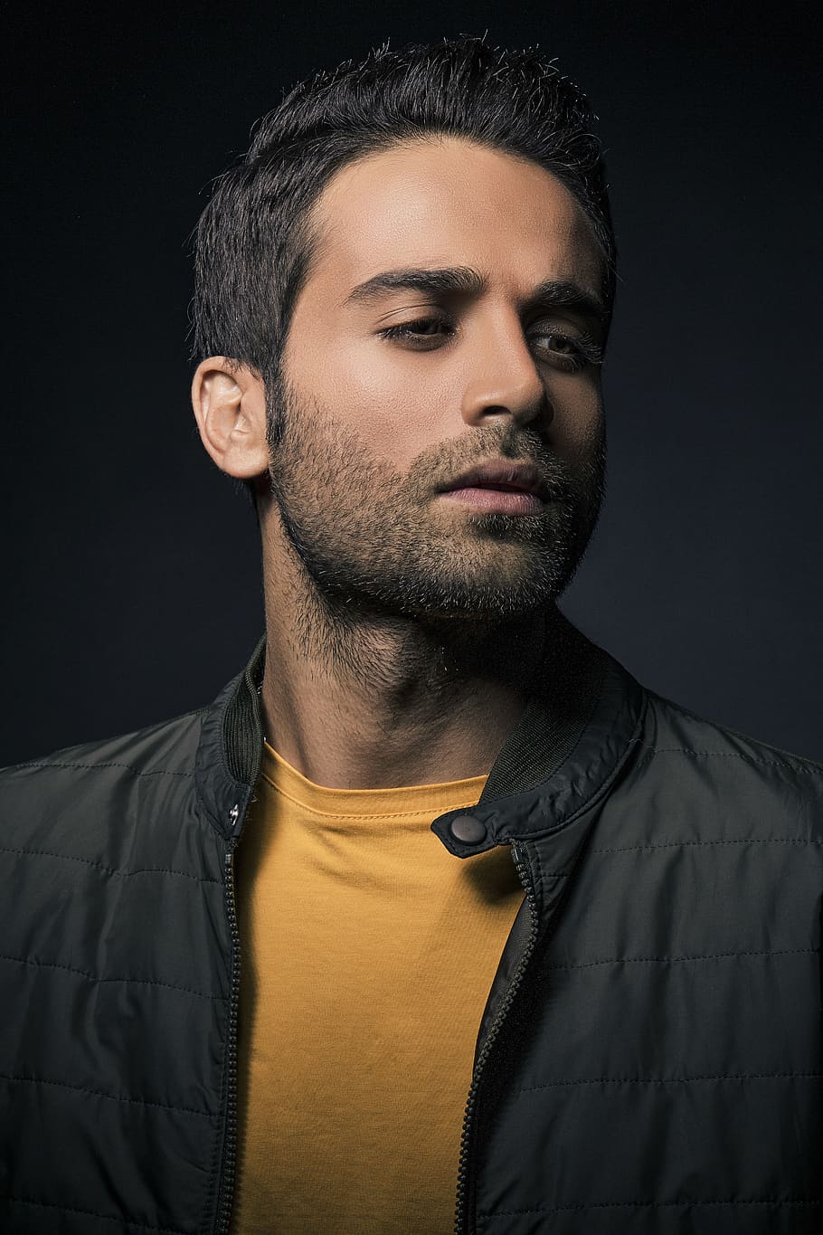 man in black zip-up jacket, beard, studio shot, one person, portrait HD wallpaper