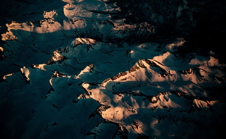 aerial, view, mountain, landscape, snow, winter, sunny, day HD wallpaper