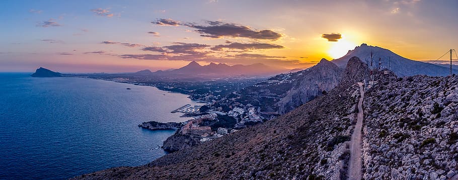 mountain peak, spain, sunrise, sunset, sea, ocean, mirador monte toix HD wallpaper