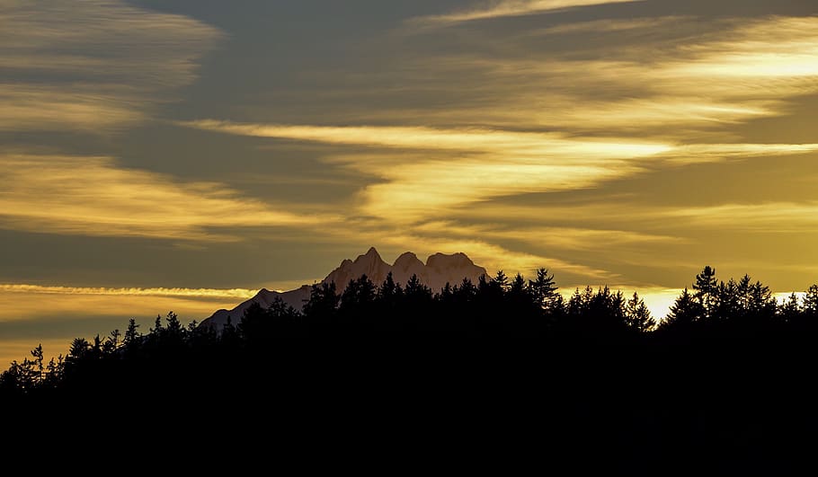 sunset, mountains, forest, clouds, color, alps, valais, switzerland HD wallpaper