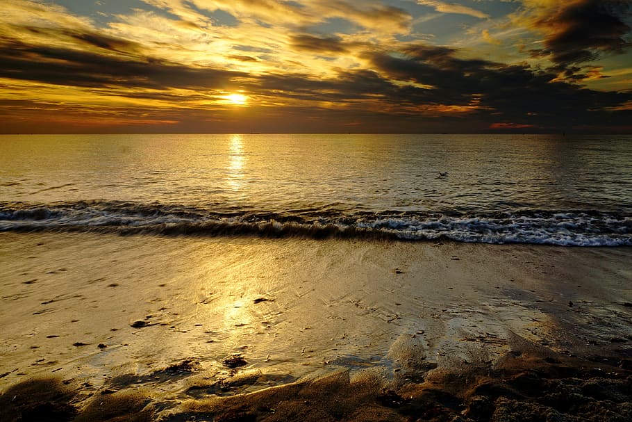 sunset, sea, water, ocean, sky, evening, sunrise, dusk, reflection HD wallpaper