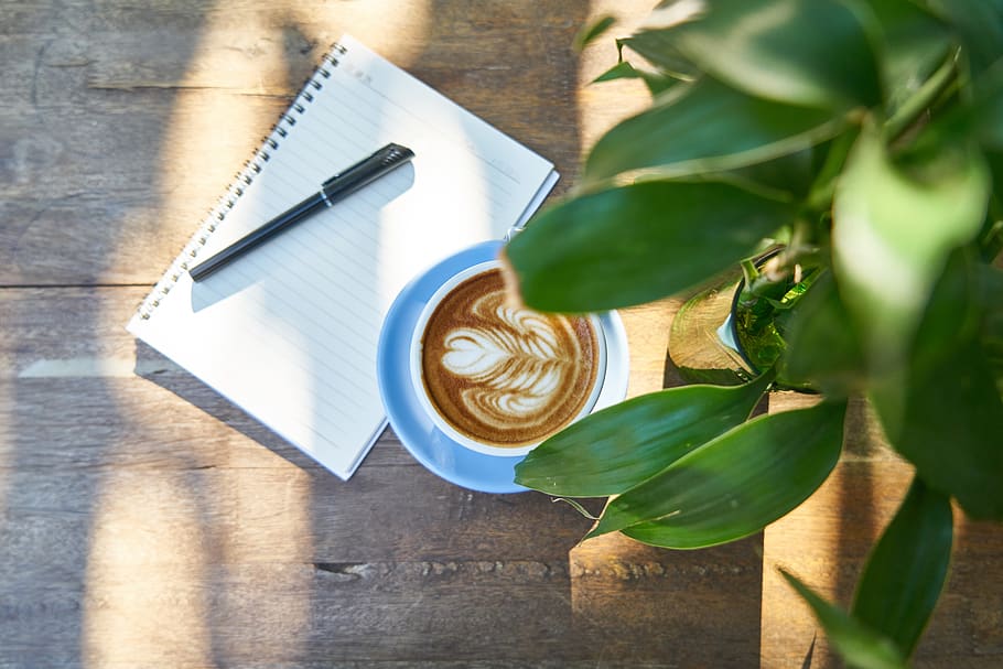 Coffee Latte Beside White Notebook, beverage, caffeine, cappuccino HD wallpaper