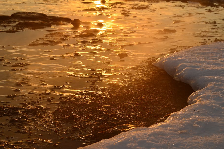 ice, winter, melting, snow, sunset, reflection, iceland, water HD wallpaper