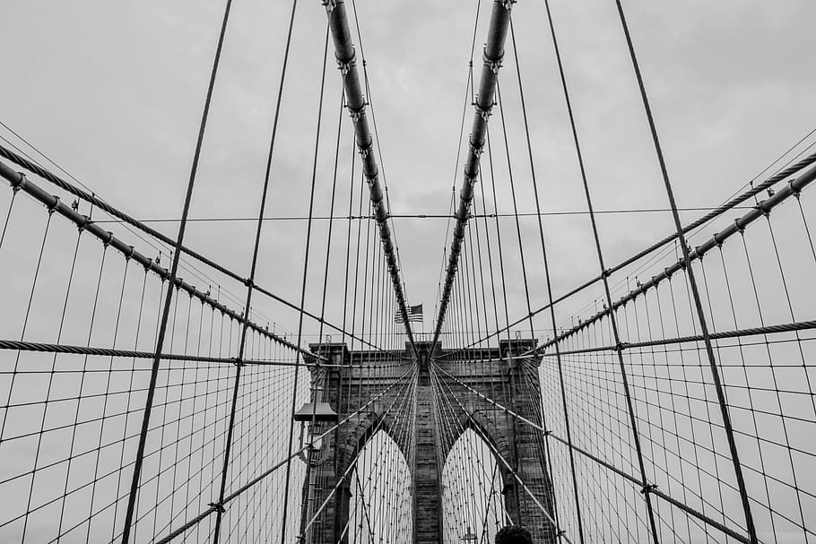 brooklyn bridge, united states, new york, usa, flag, symetry, HD wallpaper