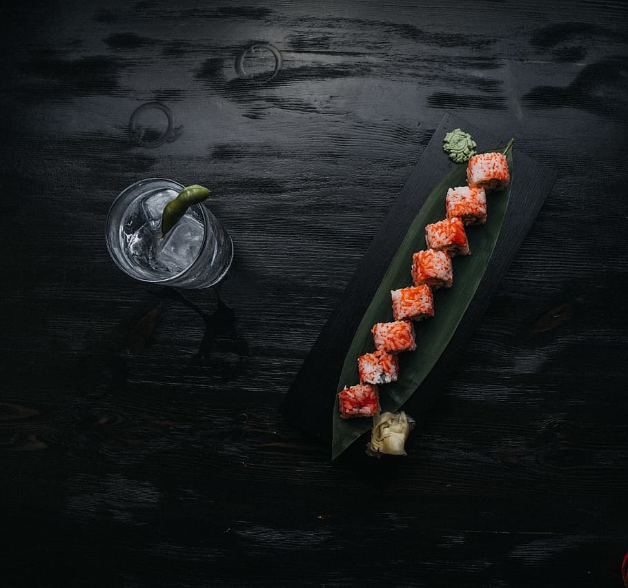 sushi on green leaf plate, canoe, rowboat, vehicle, transportation HD wallpaper