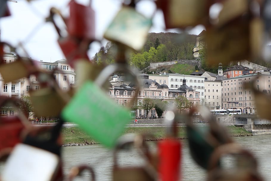 austria, salzburg, lock, river, city, built structure, architecture HD wallpaper