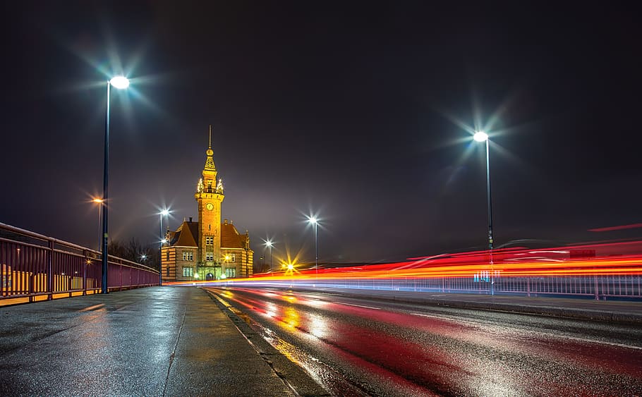 night, road, architecture, harbor office, dortmund, north rhine westphalia HD wallpaper