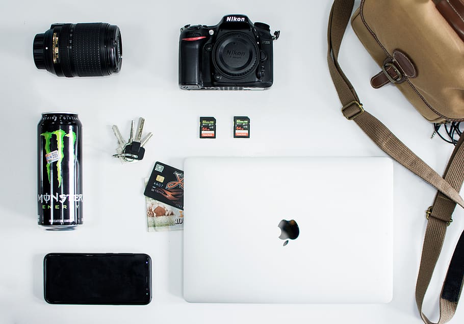 Flatlay Photo Of Gadgets, apple, camera, credit card, drink, laptop HD wallpaper