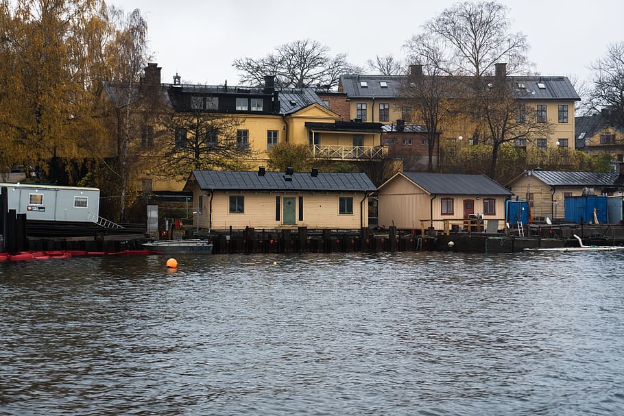 stockholm, sweden, skeppsholmen, houses, typical, trees, yellow