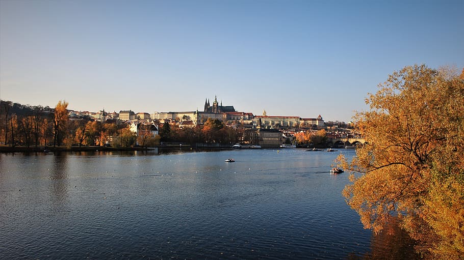 castle, river, prague, autumn, fall, colour, water, architecture HD wallpaper