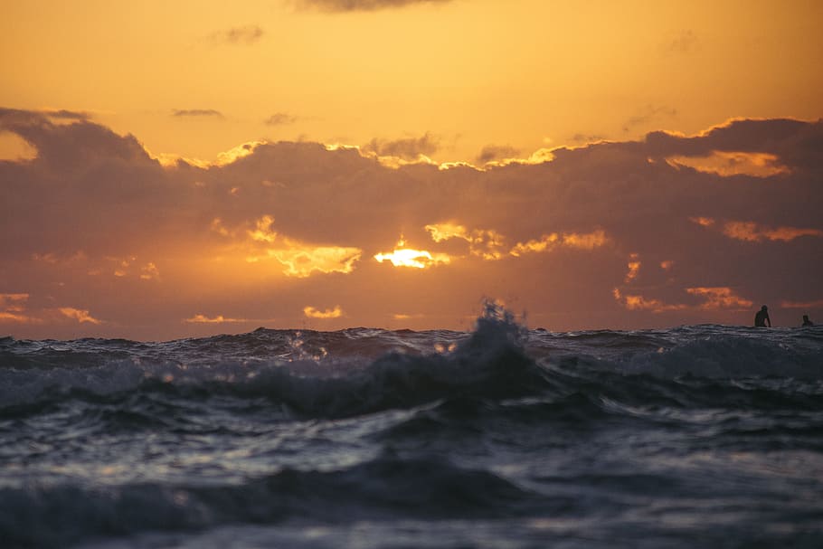 water, sea, river, human, people, activity, sunset, sky, wave HD wallpaper
