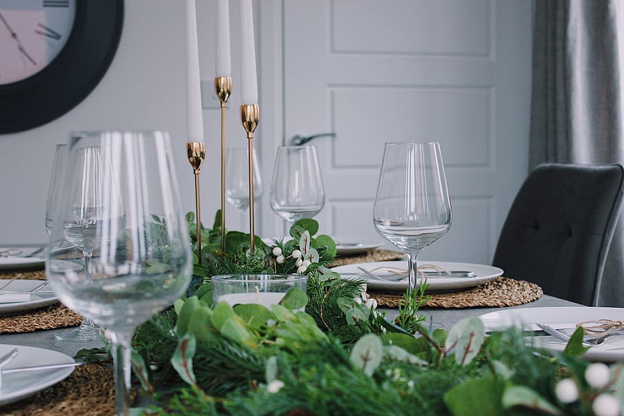 empty clear long stem wine glasses on table with plates, wineglass HD wallpaper