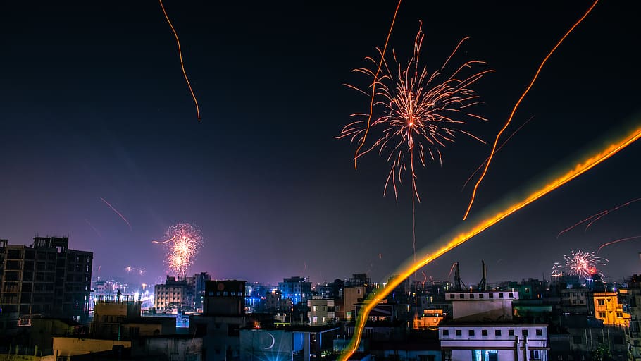 fireworks dispaly, nature, outdoors, night, lighting, urban, building HD wallpaper