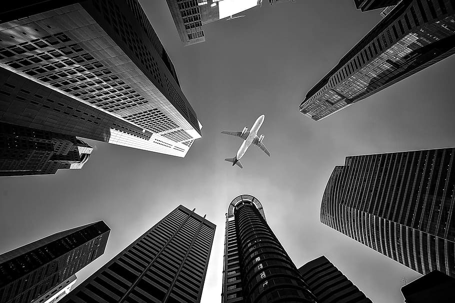 air, flying, plane, airplane, transport, high, height, building HD wallpaper